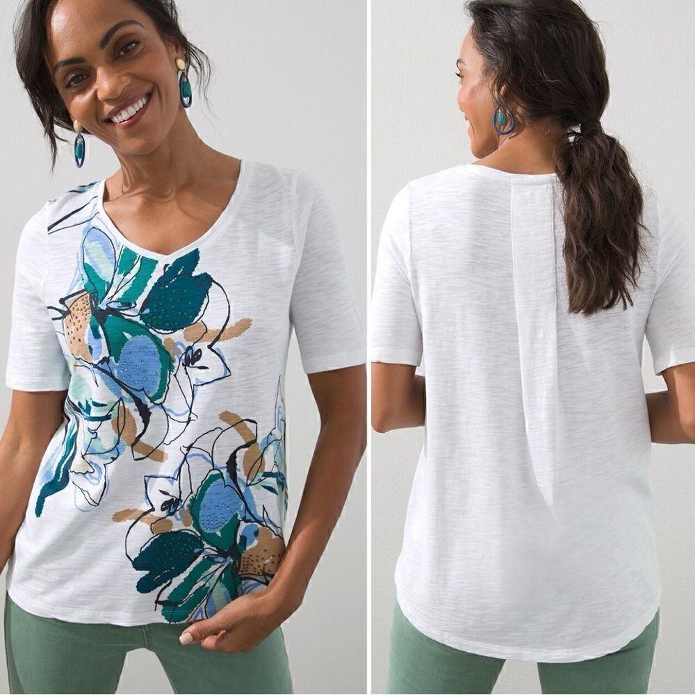 Chico’s The Ultimate Tee Back Pleat Abstract Print Slub Tee, Size XL